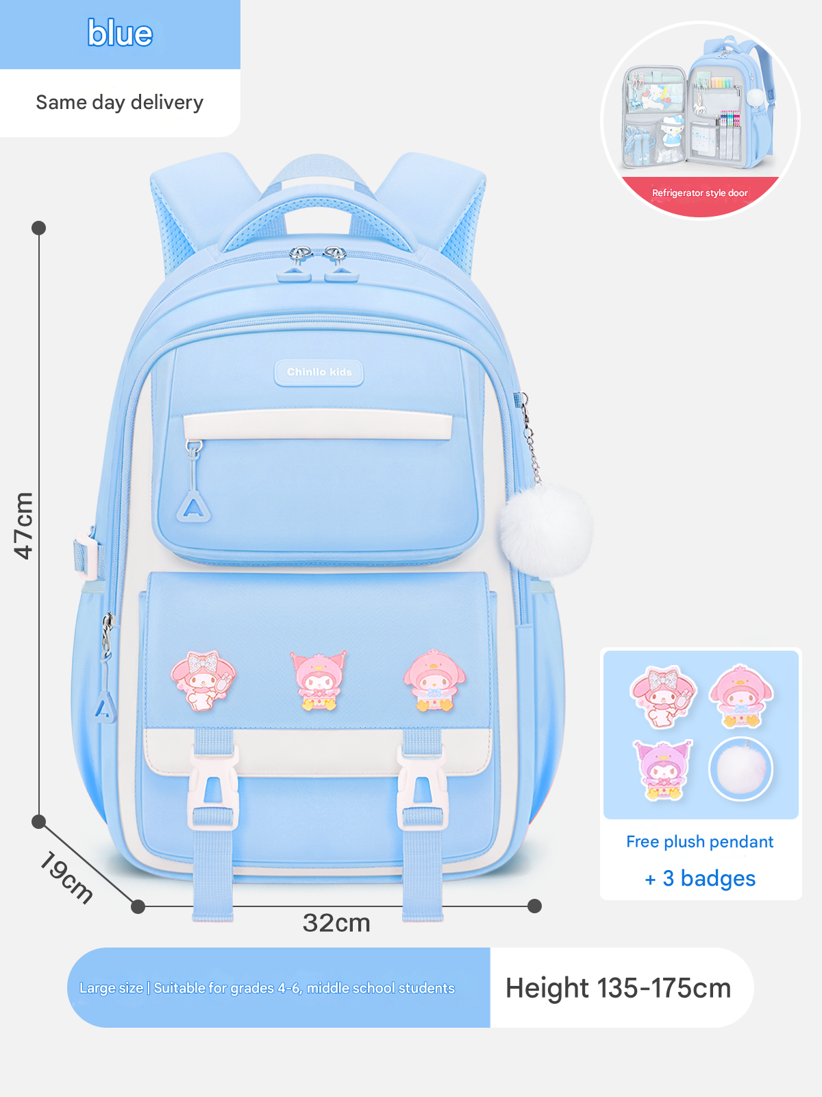 Kids School Backpack with Cartoon Pins & Multiple Compartments HD0020
