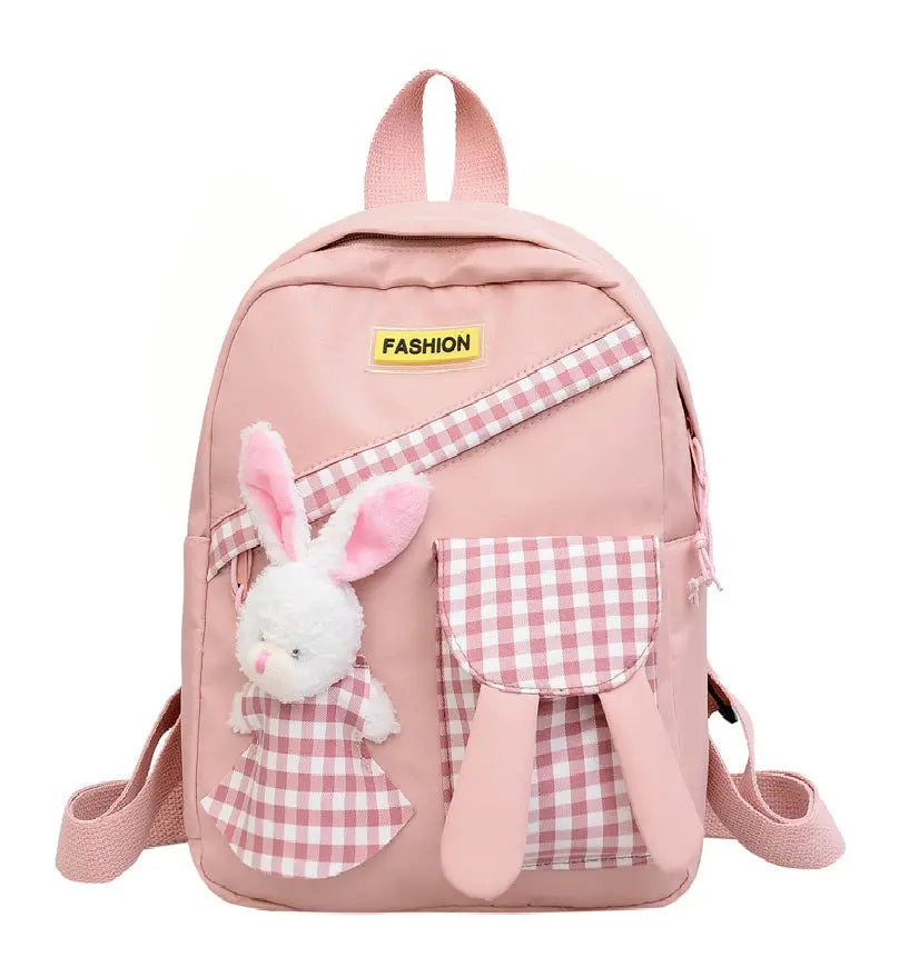 Girls Gingham Rabbit & Letter Patch Decor Functional Backpack 1222 GALAXY BAGS