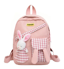 Girls Gingham Rabbit & Letter Patch Decor Functional Backpack 1222 GALAXY BAGS