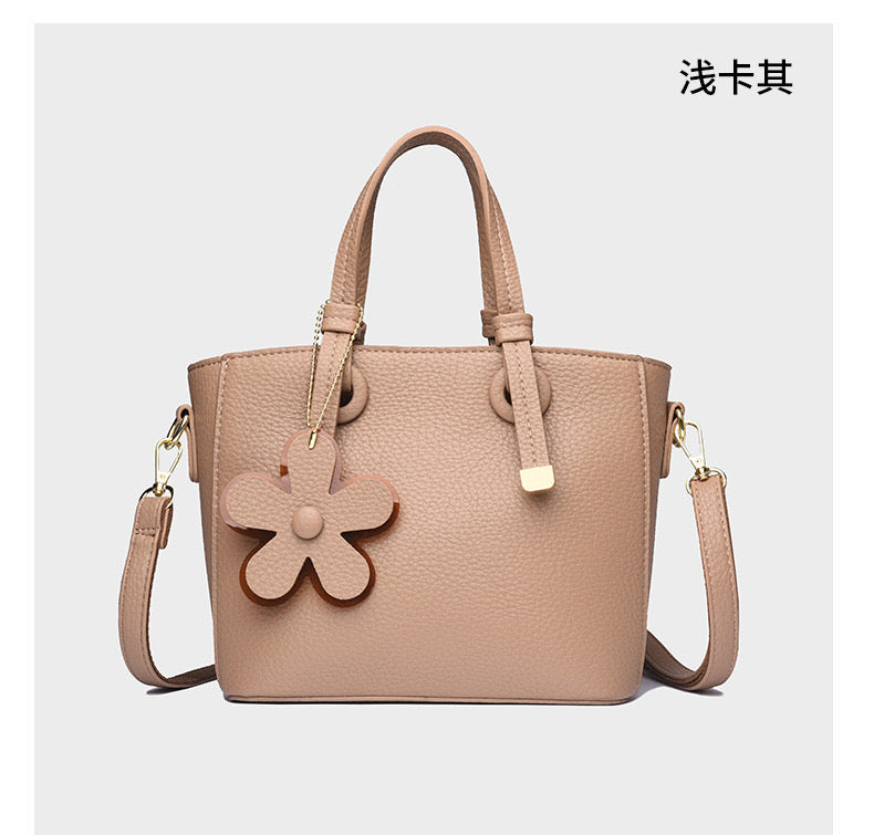 Brown Leather  Handbag with Flower Charm – Stylish Women’s Shoulder & Crossbody Bag 8429