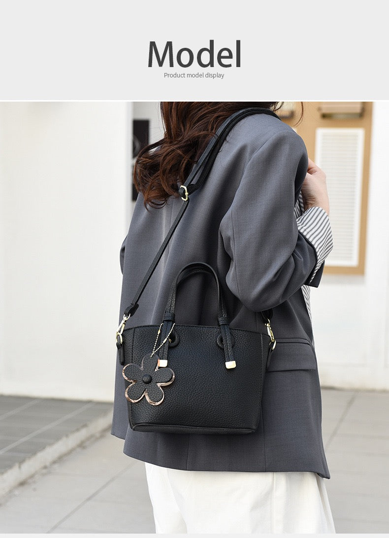 Brown Leather  Handbag with Flower Charm – Stylish Women’s Shoulder & Crossbody Bag 8429