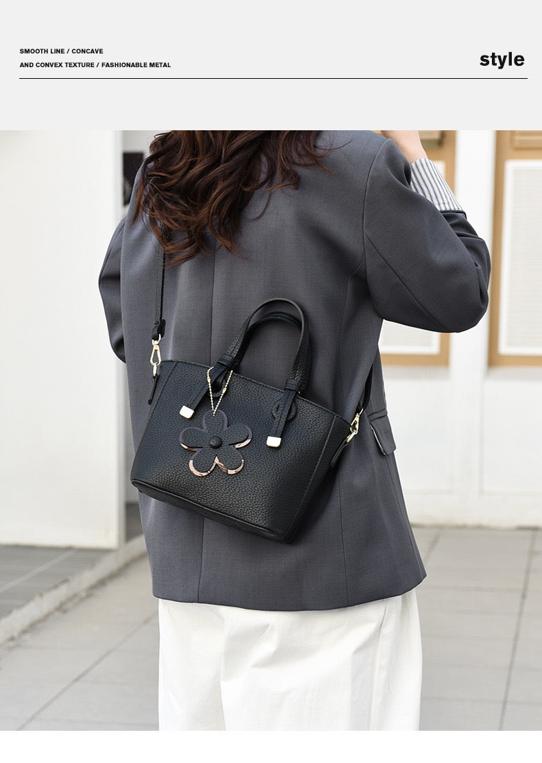Brown Leather  Handbag with Flower Charm – Stylish Women’s Shoulder & Crossbody Bag 8429