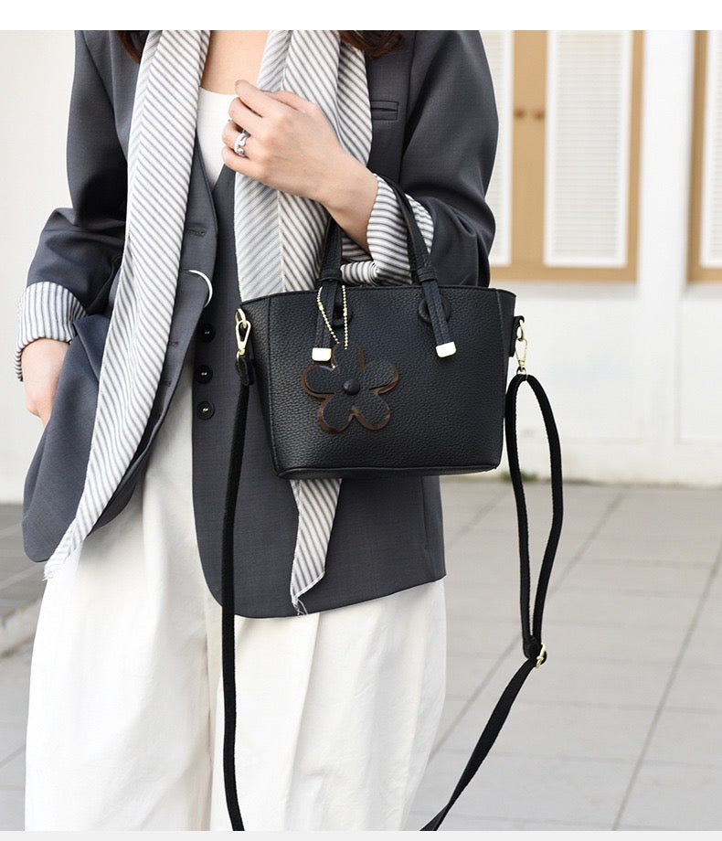 Brown Leather  Handbag with Flower Charm – Stylish Women’s Shoulder & Crossbody Bag 8429
