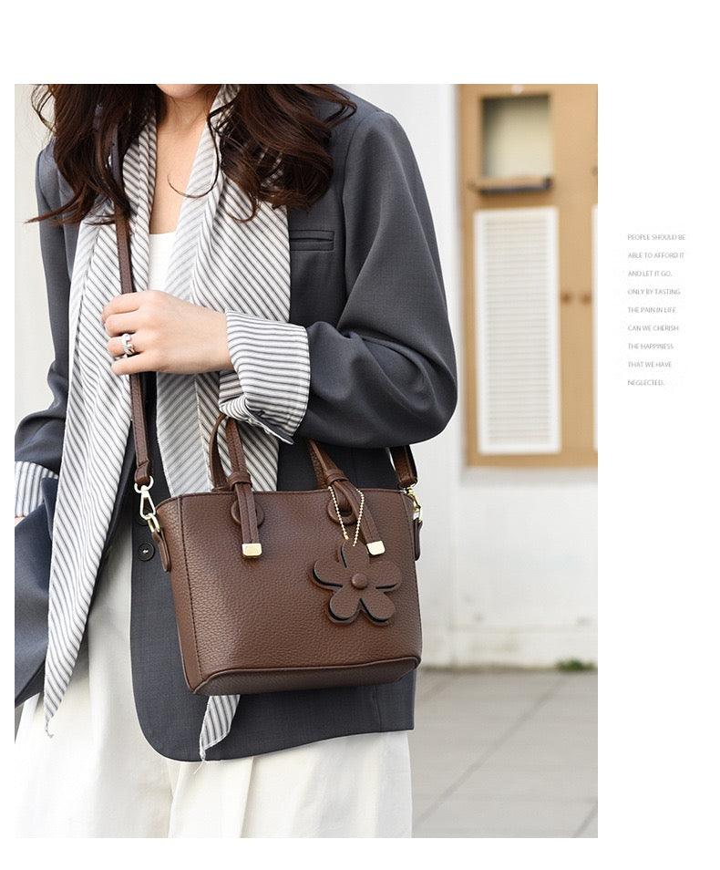 Brown Leather  Handbag with Flower Charm – Stylish Women’s Shoulder & Crossbody Bag 8429