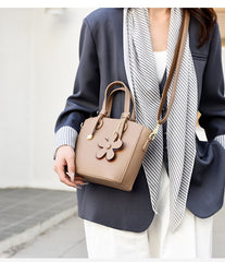 Brown Leather  Handbag with Flower Charm – Stylish Women’s Shoulder & Crossbody Bag 8429
