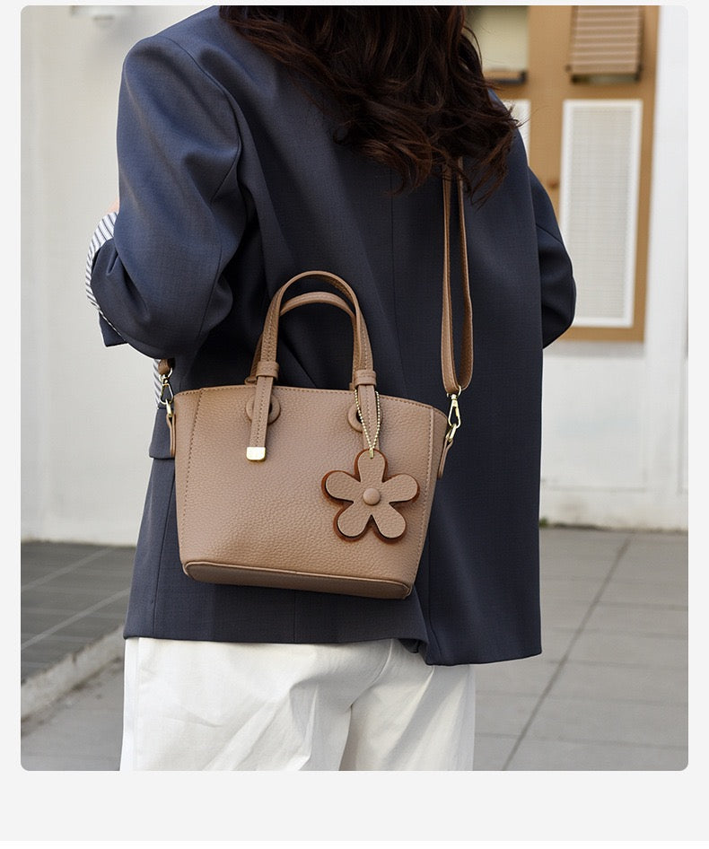 Brown Leather  Handbag with Flower Charm – Stylish Women’s Shoulder & Crossbody Bag 8429