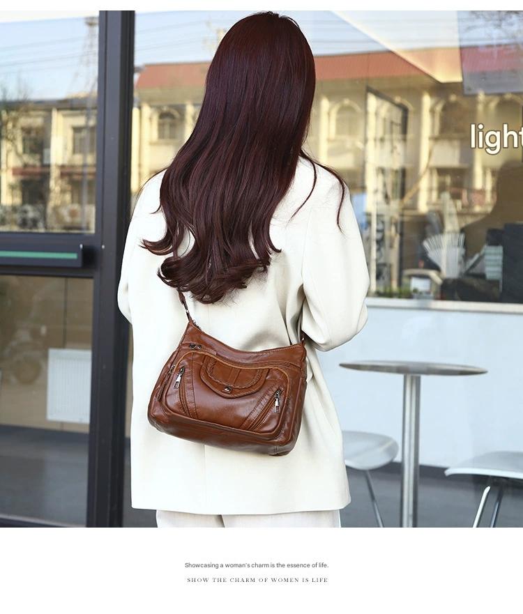 Fashionable Shoulder Bag, Retro Style Soft Leather Mother's Bag, Casual Shopping, Lightweight Crossbody Bag 8023