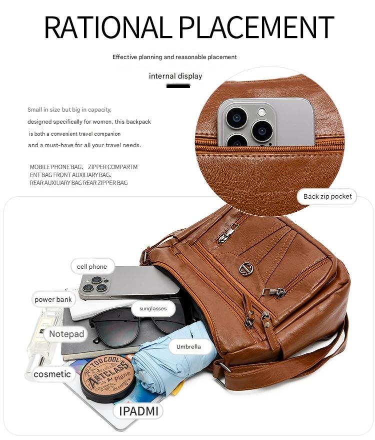 Women's soft leather backpack large capacity fashionable simple multi-layer shoulder crossbody bag 182-5