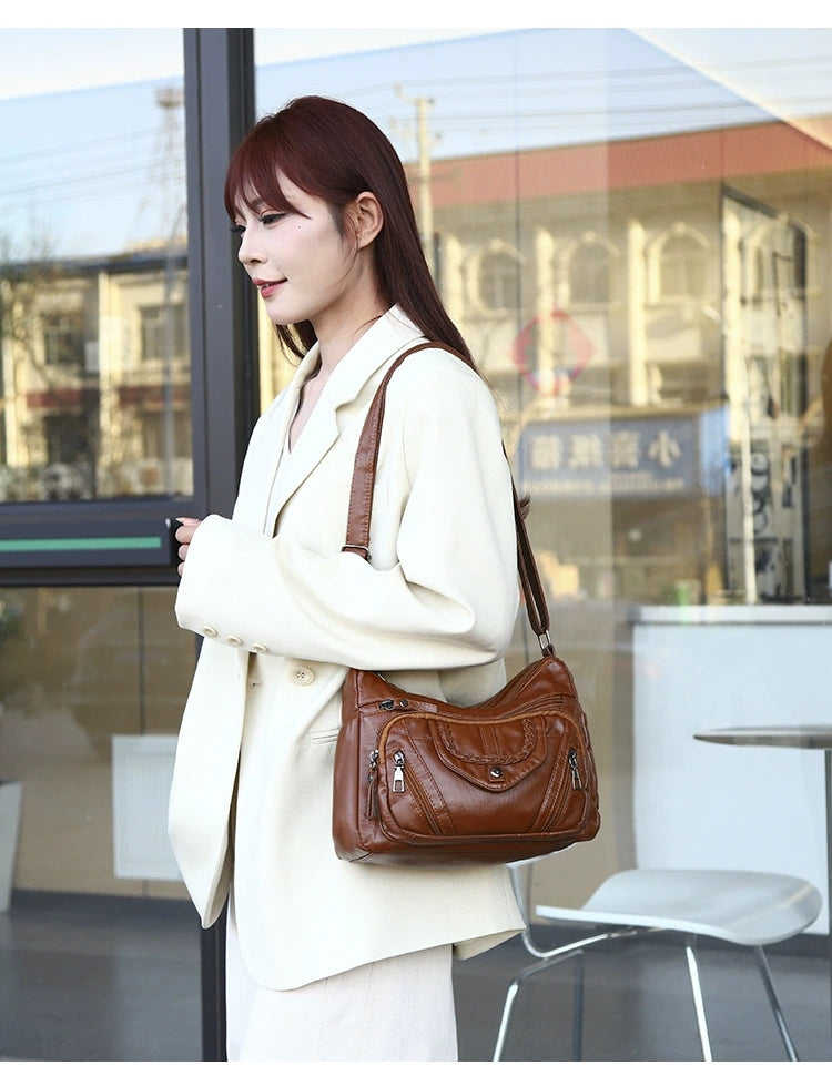 Fashionable Shoulder Bag, Retro Style Soft Leather Mother's Bag, Casual Shopping, Lightweight Crossbody Bag 8023